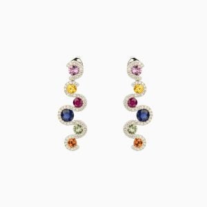 Extravagant cocktail Earrings featured Ceylon Blue Sapphires, Rubies, and Emeralds set in the finest White Gold