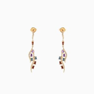 18kt yellow gold dangling Garnet, Diamond, Amethyst and Blue Topaz Earrings