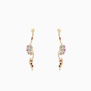 18kt Yellow Gold dangling Rubies Diamond and Emeralds Earrings