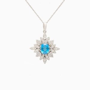 18kt White Gold Pendant with Blue Topaz and Diamonds
