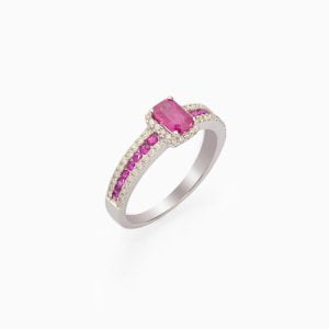 18kt White Gold Diamond studded Ring with one stand out Pink Rubies