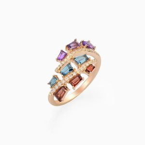 Rose Gold cocktail ring featuring an ensemble of Amethysts, Blue Topaz, Garnet and Diamonds