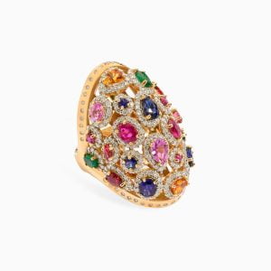 18kt Yellow Gold Ring With Coloured Sapphires, Ruby, Emerald and Diamonds